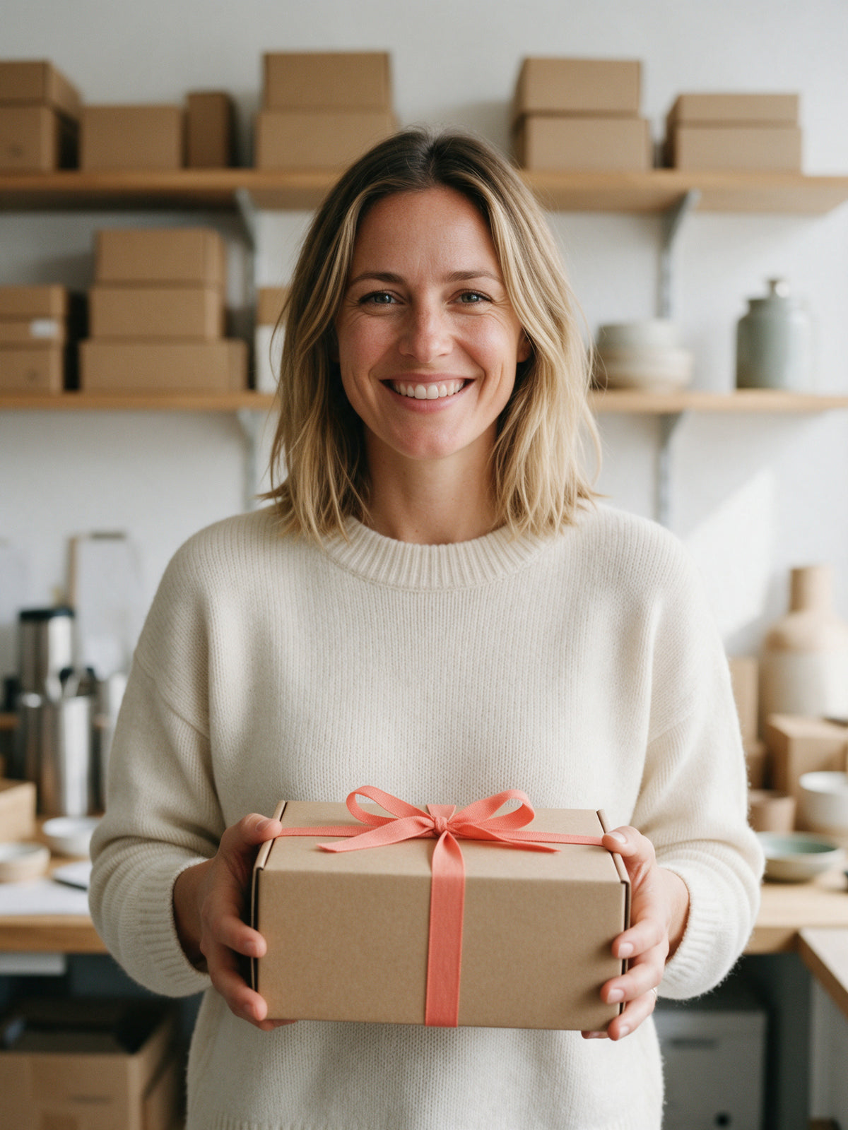 Gründerin von FEINFUND mit einem Geschenk